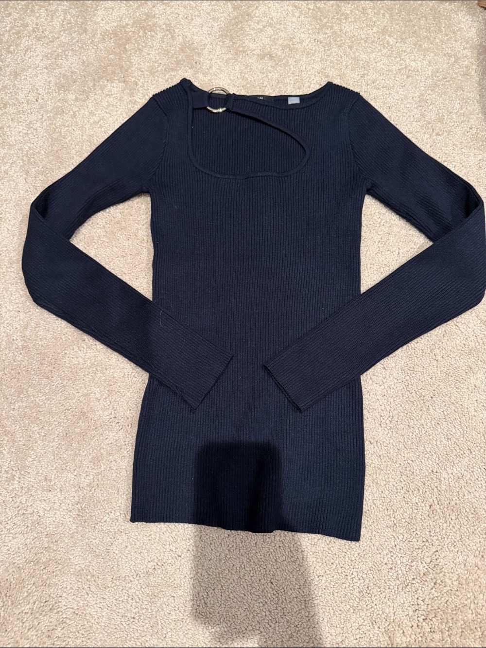 Tahari Contour Ribbed Long Sleeve Top - XS - navy blue